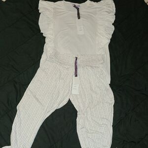 White Ruffle Sleeve Top and Patterned Pants Set